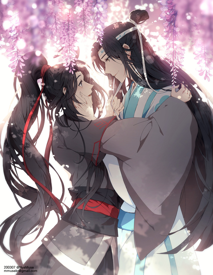2boys artist_name bishounen black_eyes black_hair black_sash blue_sash blurry blurry_foreground blush chinese_clothes closed_mouth commentary_request depth_of_field email_address eye_contact flower hair_bun hair_ribbon hand_on_another&#039;s_cheek hand_on_another&#039;s_face hand_up hanfu headband high_ponytail highres lan_wangji long_hair long_sleeves looking_at_another male_focus modao_zushi multiple_boys muse_(rainforest) open_mouth parted_bangs ponytail profile purple_flower red_ribbon ribbon robe sash sidelocks simple_background single_hair_bun smile twitter_username very_long_hair watermark wei_wuxian white_headband white_ribbon white_robe wide_sleeves wisteria yaoi yellow_eyes