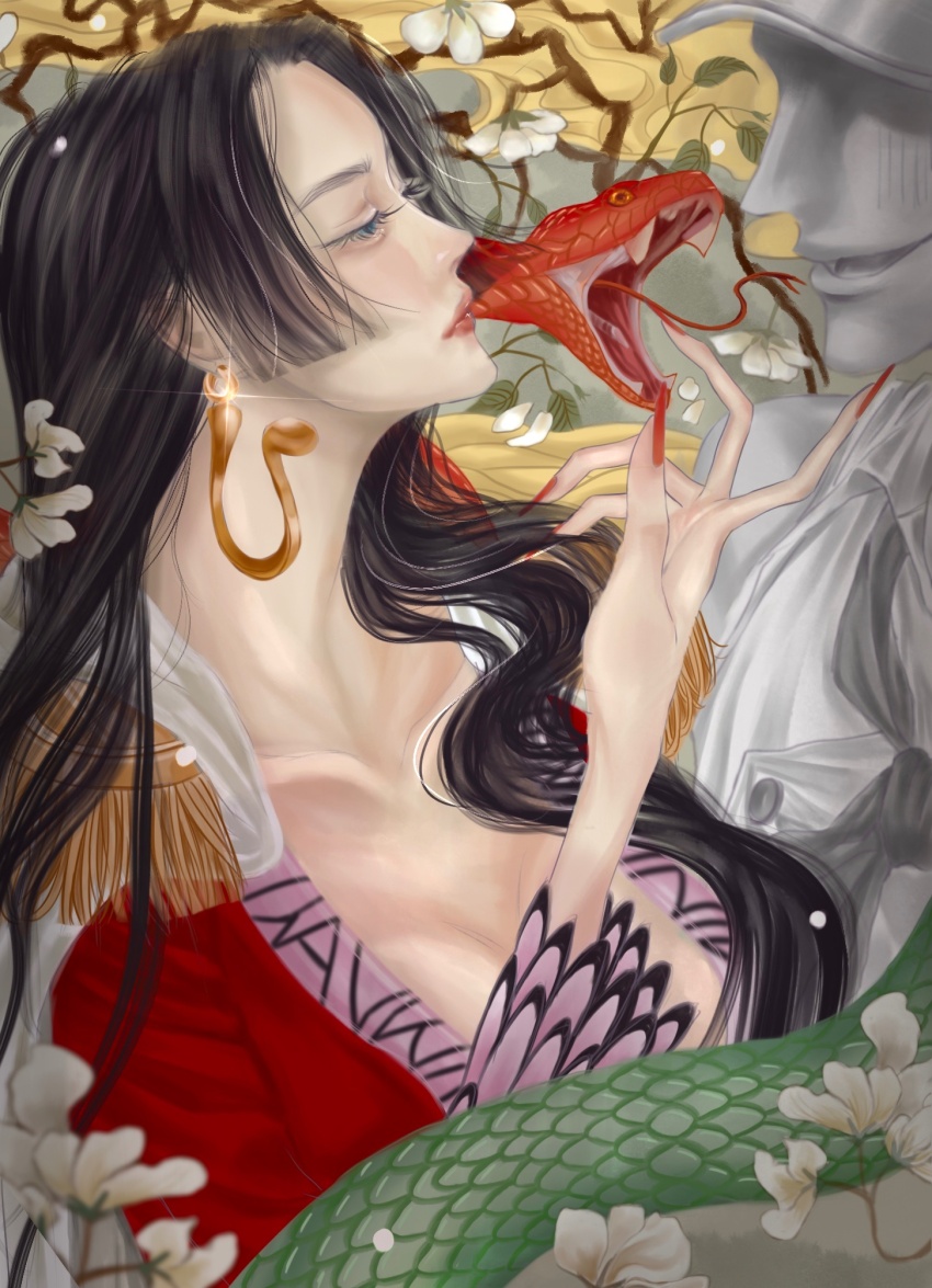1girl black_hair blue_eyes boa_hancock cape commentary_request epaulettes eyelashes flower glint green_snake highres hime_cut long_hair long_sleeves marine_(one_piece) one_piece red_nails red_shirt red_snake rihirihi613 shirt sidelocks snake solo upper_body white_cape
