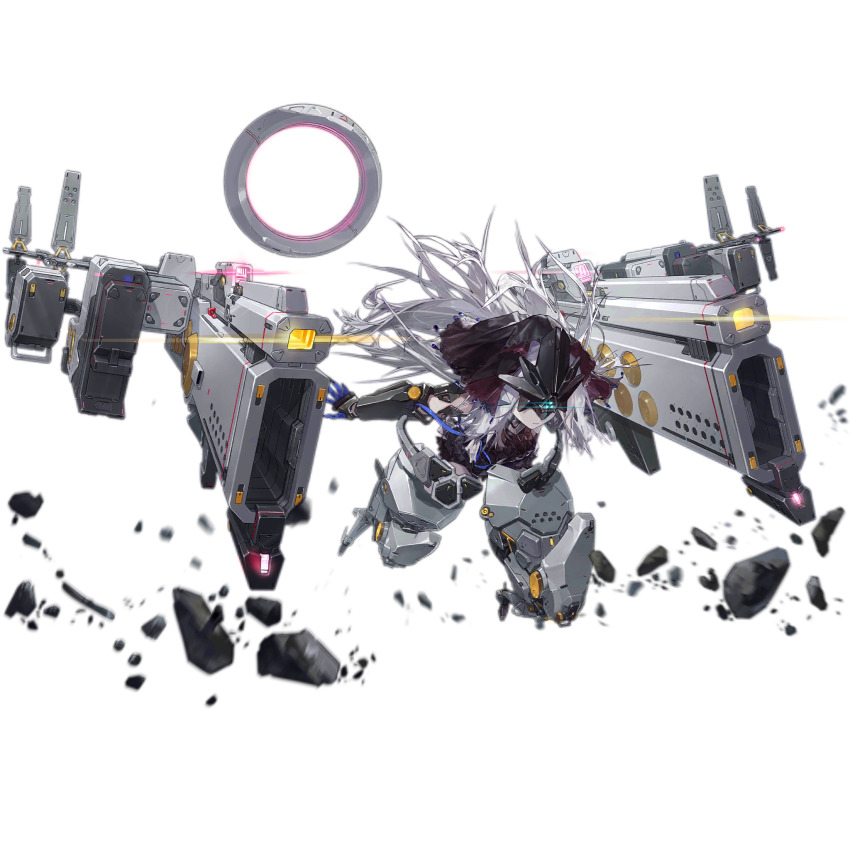 1girl artist_request black_dress black_gauntlets black_mask black_veil blue_gloves blue_ribbon closed_mouth debris dress energy_gun floating floating_object floating_weapon full_body gauntlets girls&#039;_frontline gloves highres leaning_forward long_hair mask mecha_musume mechanical_legs missile_pod nyto_(girls&#039;_frontline) official_art paradeus ribbon sana_(boss)_(girls&#039;_frontline) sana_(girls&#039;_frontline) science_fiction shoulder_ribbon simple_background solo spoilers third-party_source transparent_background triangular_pattern usekh_collar veil weapon white_hair