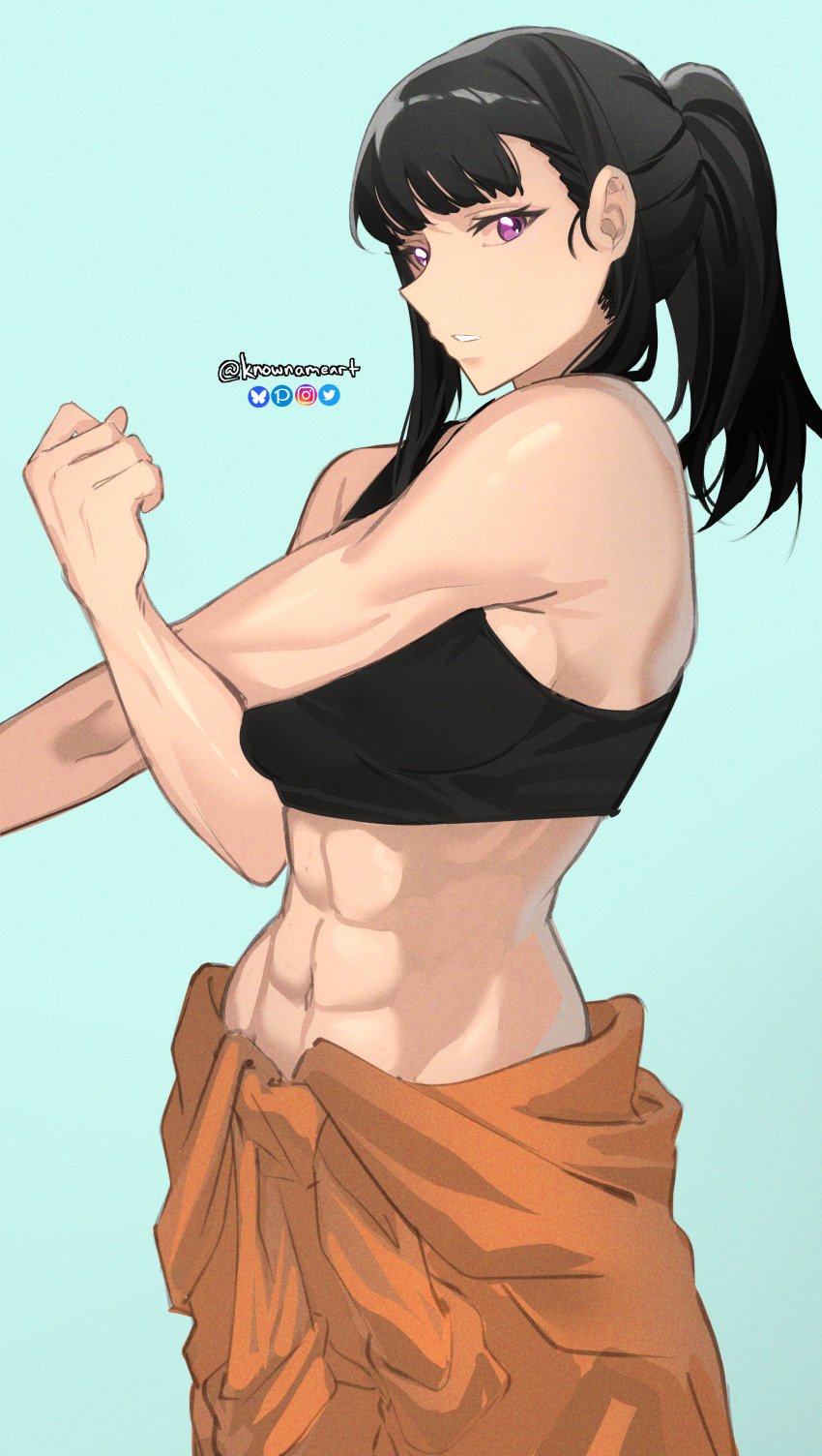 1girl abs absurdres bare_shoulders black_hair black_shirt blue_background bluesky_logo commentary crop_top en&#039;en_no_shouboutai english_commentary exercising highres instagram_logo knowname looking_at_viewer maki_oze midriff muscular muscular_female navel orange_overalls overalls pixiv_logo ponytail purple_eyes shirt simple_background solo twitter_logo twitter_username