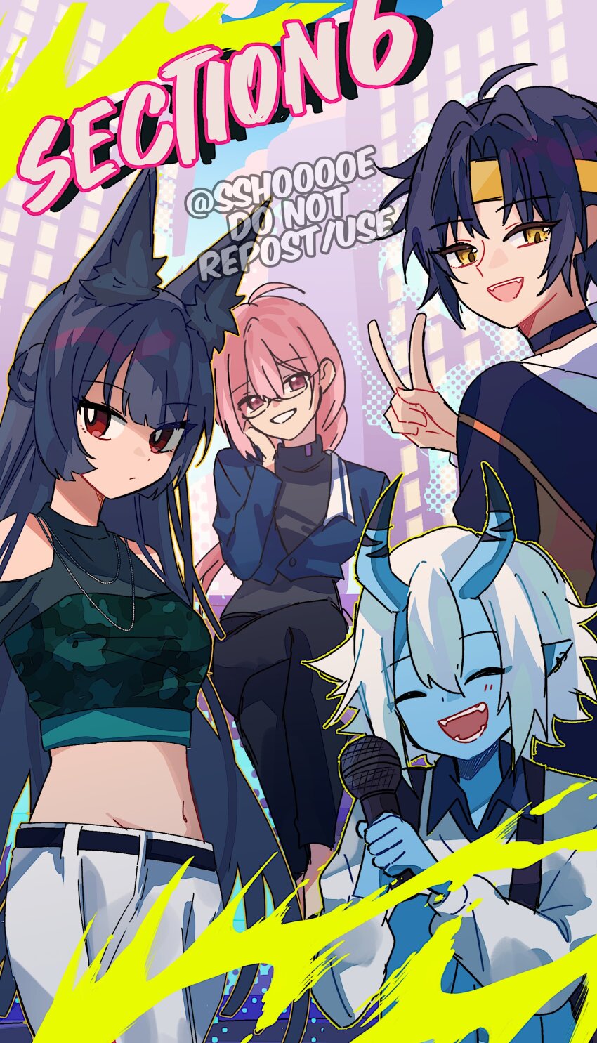 1boy 3girls ^_^ absurdres animal_ear_fluff animal_ears asaba_harumasa black_choker black_hair black_pants blue_oni blue_skin blunt_bangs choker closed_eyes collared_shirt colored_skin crop_top crossed_legs fox_ears fox_girl glasses hair_between_horns headband highres holding holding_microphone horns hoshimi_miyabi long_hair microphone multicolored_horns multiple_girls navel oni pants pink_eyes pink_hair shirt smile soukaku_(zenless_zone_zero) sshooooe tsukishiro_yanagi two-tone_horns v white_hair white_pants white_shirt yellow_headband zenless_zone_zero