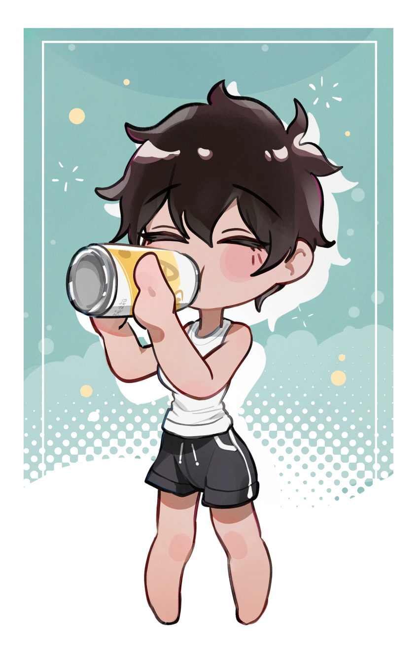 1girl bare_arms bare_shoulders barefoot black_hair black_shorts border can closed_eyes deformed drinking drop_shadow full_body green_background highres holding holding_can kurobe_natsumi mo0o0rae senpai_ga_uzai_kouhai_no_hanashi short_hair shorts solo standing tank_top white_border white_tank_top