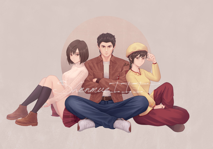 1boy 2girls arm_up bambi-astral bandaid bandaid_on_face belt black_hair boots brown_eyes brown_footwear brown_hair chinese_clothes crossed_arms denim earrings harasaki_nozomi hazuki_ryou jacket jeans jewelry kneehighs knees_up leaning_on_person leather leather_jacket ling_shen_hua miniskirt multiple_girls pants plaid_clothes plaid_skirt red_pants shenmue shenmue_iii shirt sitting skirt socks spiked_hair sweater turtleneck white_footwear white_shirt white_sweater yellow_headwear yellow_shirt