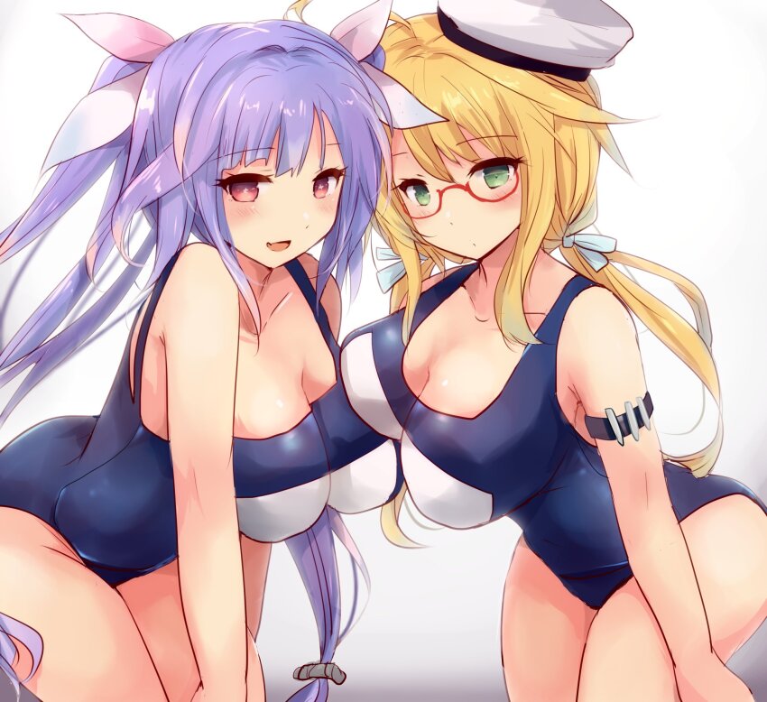 2girls asymmetrical_docking blonde_hair blue_hair blush breast_press breasts flower-shaped_pupils glasses green_eyes hair_ribbon hat highres hirune_(konekonelkk) i-19_(kancolle) i-8_(kancolle) kantai_collection large_breasts long_hair looking_at_viewer low_twintails multiple_girls name_tag one-piece_swimsuit open_mouth peaked_cap red_eyes ribbon sailor_hat school_swimsuit semi-rimless_eyewear smile swimsuit symbol-shaped_pupils tri_tails twintails under-rim_eyewear