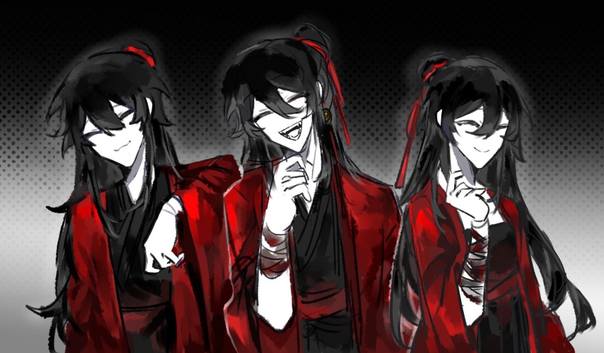 1girl 2boys arm_on_another&#039;s_shoulder bandaged_arm bandages bei_feng black_background black_hair black_hanfu blood blood_on_arm bloody_bandages chinese_clothes chinese_commentary closed_eyes closed_mouth coat dao_gui_yi_xian fangs gf-never gradient_background grey_background hair_between_eyes hair_bun hair_ribbon half_updo hand_up hanfu highres hong_zhong_(illusory) hong_zhong_(li_huowang) li_huowang long_hair long_sleeves multiple_boys open_mouth polka_dot polka_dot_background red_coat red_ribbon red_sash ribbon robe sash sidelocks simple_background single_hair_bun smile teeth upper_body white_background zuo_wang_dao zuo_wangdao