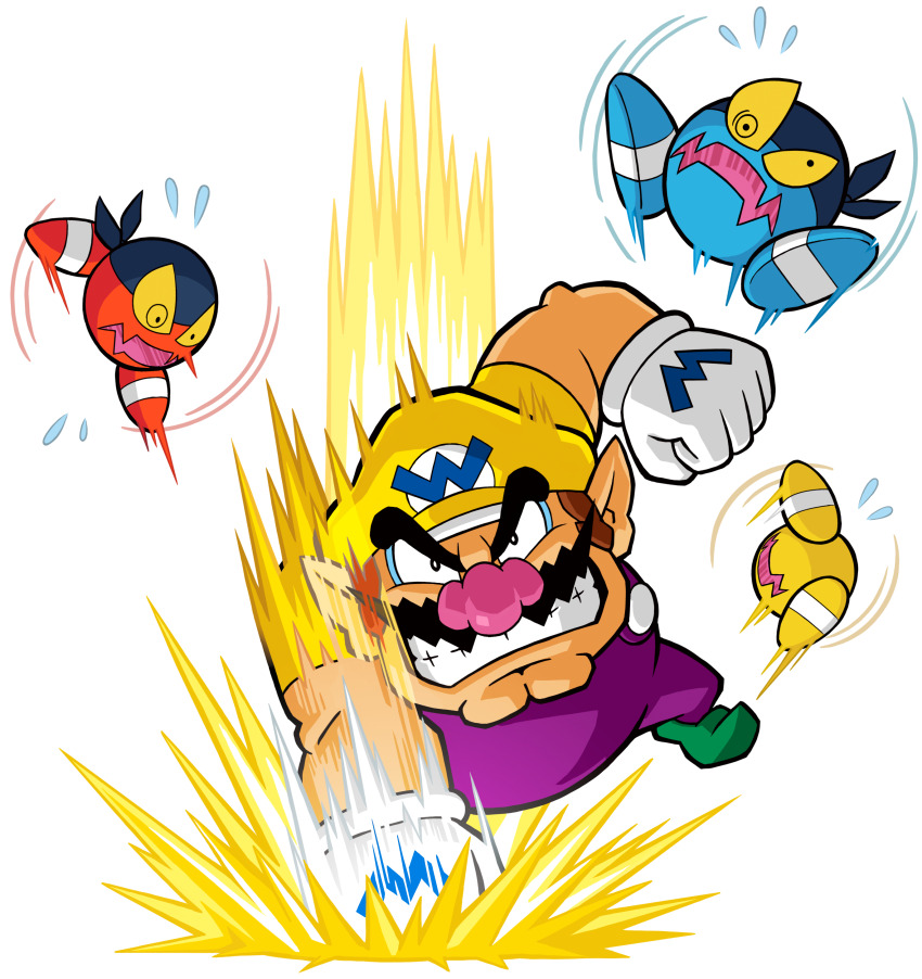 1boy absurdres bandinero cleft_chin facial_hair flying_sweatdrops gloves green_footwear grin hat highres motion_lines mustache nintendo official_art overalls pointy_ears punching purple_overalls shirt smile third-party_source wario wario_land wario_land:_shake_it! white_gloves yellow_eyes yellow_hat yellow_shirt