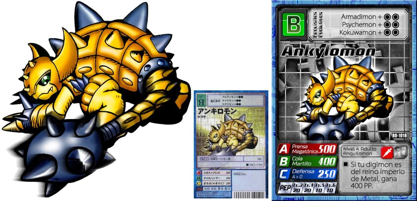 ankylomon digimon digimon_(creature) digimon_card_game dinosaur highres mace solo spiked_mace spikes tail weapon