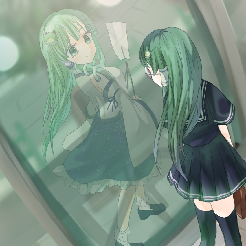2girls absurdres aged_down bag bare_shoulders black_serafuku black_thighhighs blue_skirt blunt_bangs breasts brown_bag collared_shirt detached_sleeves dot_nose dual_persona frilled_skirt frills frog_hair_ornament glasses gohei green_eyes green_hair hair_ornament hair_tubes highres holding holding_bag holding_gohei kochiya_sanae large_breasts loafers long_hair long_sleeves looking_at_another mirror multiple_girls patterned_clothing pleated_skirt print_skirt rairari round_eyewear school_bag school_uniform serafuku shirt shoes single_hair_tube single_sidelock skirt skirt_set sleeve_bow sleeveless sleeveless_shirt smile snake_hair_ornament socks thighhighs touhou white_socks wide_sleeves