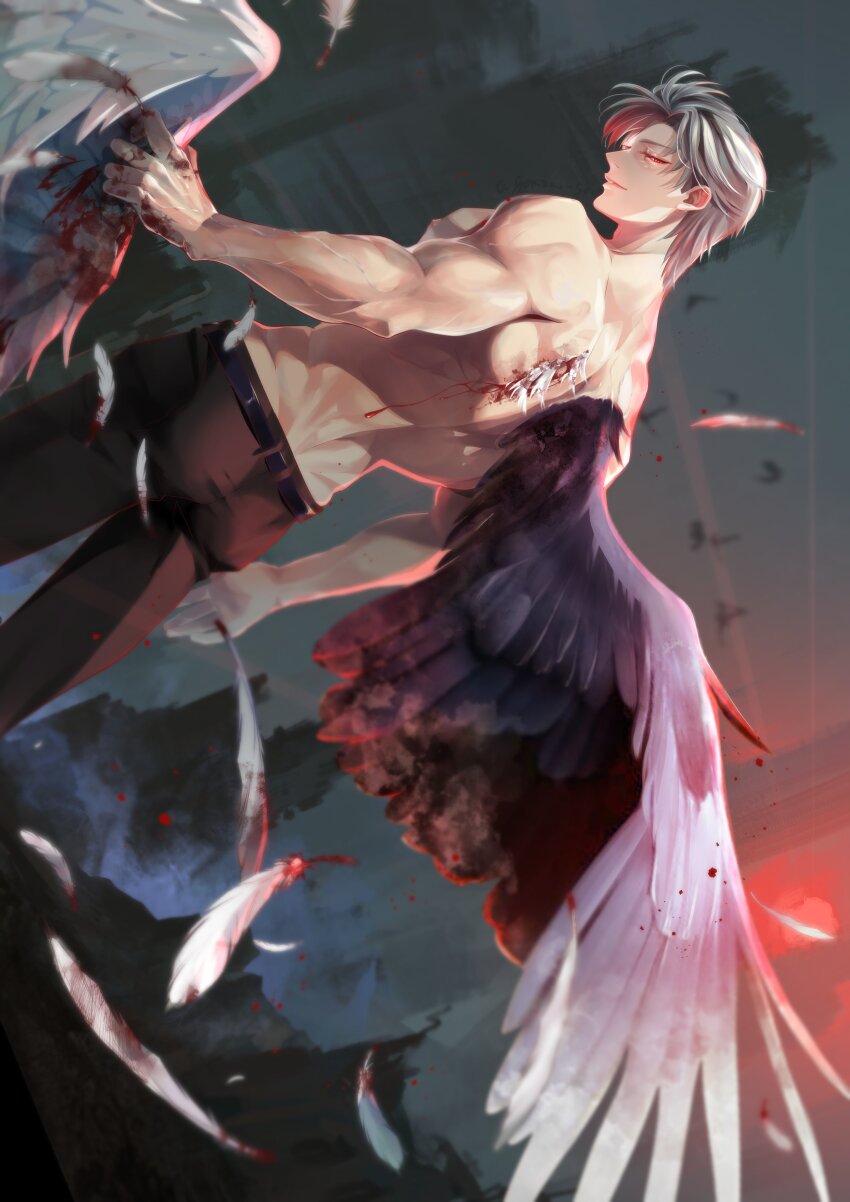 1boy absurdres belt black_belt black_pants black_sky blood blood_drip bloody_wings building commentary_request dimples_of_venus falling_feathers feathered_wings feathers feet_out_of_frame gomami_go grey_hair highres holding injury looking_at_hand looking_back love_and_deepspace male_focus muscular muscular_male nipples pants parted_lips pectorals red_eyes ruins short_hair sidepec sky skyscraper solo standing sylus_(love_and_deepspace) topless_male veins veiny_arms wings