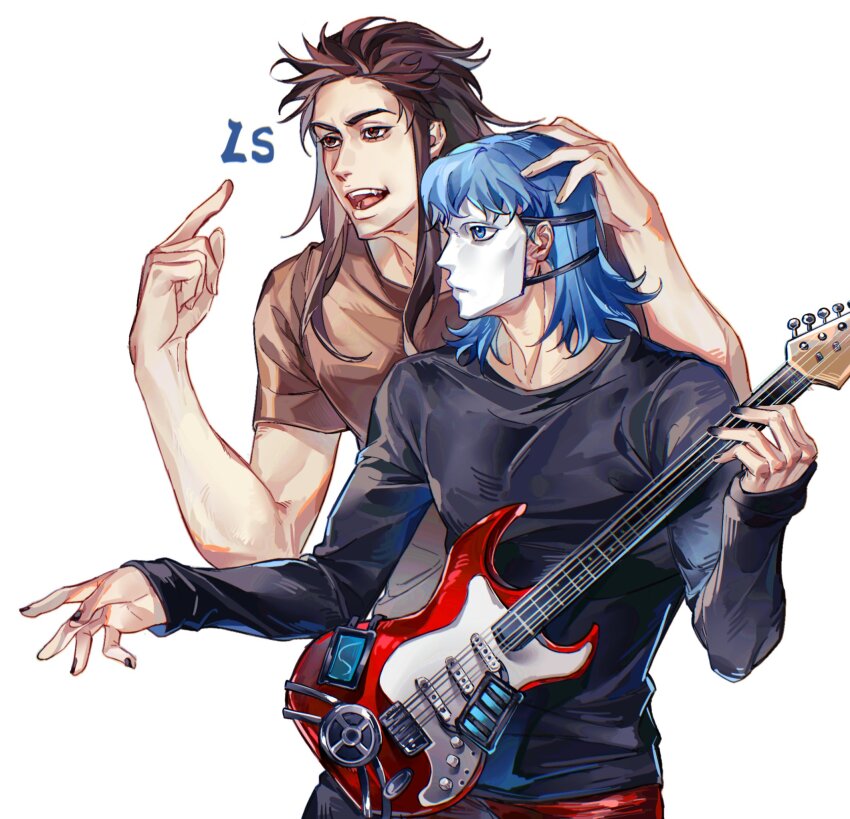 2boys bass_guitar black_nails black_shirt blue_eyes blue_hair brown_eyes brown_hair brown_shirt closed_mouth commentary commentary_request electric_guitar fingernails guitar hair_slicked_back hand_on_another&#039;s_head hand_up highres holding holding_instrument instrument larry_johnson long_hair long_sleeves looking_at_another male_focus medium_hair multiple_boys nail_polish open_mouth pants pointing sal_fisher sally_face shirt short_sleeves standing t-shirt teeth toned toned_male upper_body white_background white_mask zhuoyi7245