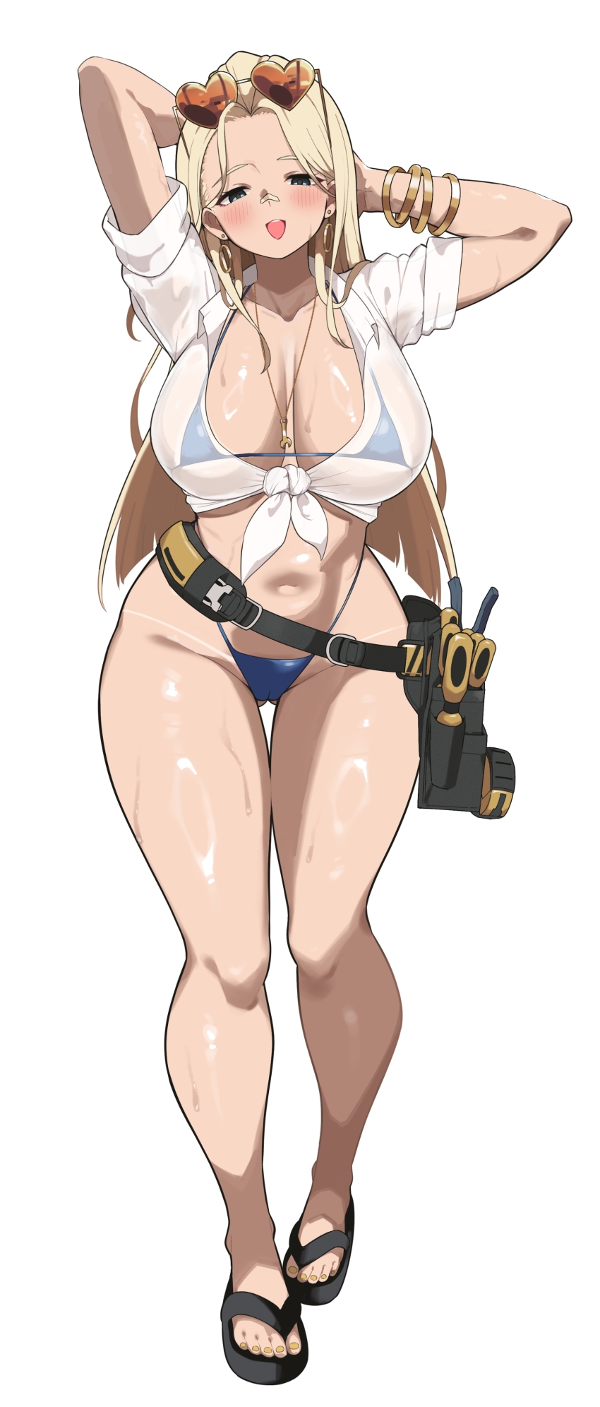 1girl absurdres bandaid bandaid_on_face bandaid_on_nose bikini blue_bikini blue_eyes blunt_ends blush bracelet breasts cameltoe centi_(nikke) centi_(ocean_repair)_(nikke) collarbone commentary_request curvy eyewear_on_head feet gluteal_fold goddess_of_victory:_nikke heart heart-shaped_eyewear highres jewelry large_breasts long_hair micro_bikini navel neck necklace official_alternate_costume open_mouth parted_bangs sandals screwdriver shirt sideboob simple_background sleeves_rolled_up smile stomach sunglasses sweat swimsuit tape_measure thigh_gap thighs tied_shirt toes toolbox underboob white_background white_shirt wrench yabai_gorilla