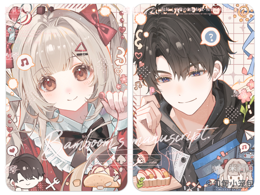 1boy 1girl ? blue_eyes blunt_bangs border bow brown_eyes closed_mouth grey_hair hair_bow long_hair mihuashi_username musical_note original portrait red_bow smile spoken_musical_note spoken_question_mark two_side_up watermark white_border xun_xun_xiaolongbao