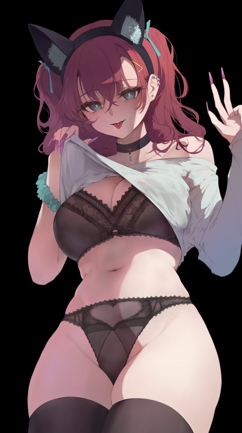 1girl absurdres animal_ear_fluff animal_ear_hairband animal_ears black_background black_bra black_choker black_panties black_thighhighs bra breasts choker cleavage clothes_lift commentary_request dark_skin fake_animal_ears grain hairband highres lifting_own_clothes lingerie long_hair looking_at_viewer mole mole_on_breast navel off_shoulder original panties piercing red_hair scrunchie shirt shirt_lift simple_background solo thighhighs tongue tongue_out tongue_piercing underwear w white_shirt wrist_scrunchie