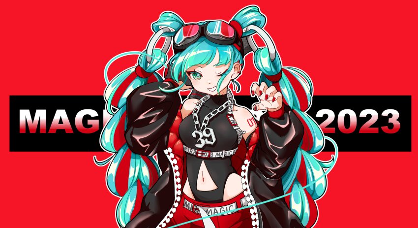 1girl 39 absurdres aqua_eyes aqua_hair bare_shoulders belt black_jacket black_shirt blunt_bangs chain chain_necklace clothing_cutout cowboy_shot detached_hair goggles goggles_on_head grin hair_rings hatsune_miku highres huixiaaa42305 jacket jewelry magical_mirai_miku magical_mirai_miku_(2023) navel navel_cutout necklace number_tattoo one_eye_closed red_background red_nails ring_hair_ornament shirt sleeveless smile solo tattoo vocaloid
