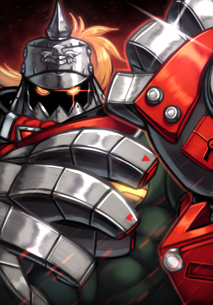1boy absurdres blonde_hair gauntlets glowing glowing_eye guilty_gear guilty_gear_strive helmet highres male_focus military military_uniform muscular muscular_male potemkin_(guilty_gear) red_background robot silverchariotx solo sparkle