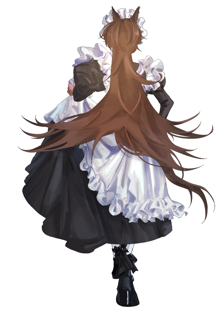 1girl alternate_costume animal_ears black_dress black_shoes brown_hair commentary_request dress enmaided from_behind full_body headband highres horse_ears horse_girl horse_tail long_hair maid maid_headdress negitoro_0326 shoes simple_background sirius_symboli_(umamusume) skirt_hold solo standing tail umamusume white_background white_dress white_headband