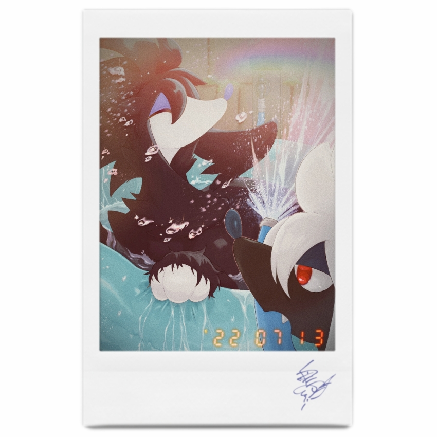 ^_^ alternate_color animal_focus artist_name black_hair border closed_eyes dated dog fake_photograph fang faucet furfrou furfrou_(natural) gen_6_pokemon highres hose innertube long_hair mouth_hold nintendo no_humans open_mouth partially_submerged pokemon pokemon_(creature) polaroid_photo profile rainbow s_(esumi_kihomaru) shiny_pokemon sidelocks signature simple_background splashing swim_ring water white_background white_border white_hair