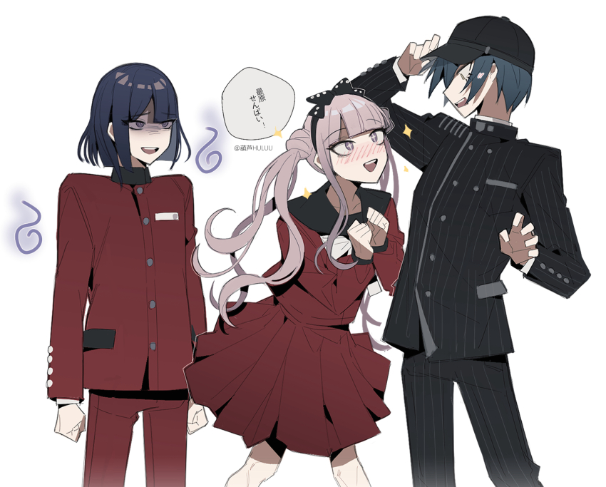 1girl 2boys adjusting_clothes adjusting_headwear angry arm_up berldo black_bow black_hair black_hairband black_jacket black_pants black_sailor_collar blush bow bow_hairband breast_pocket brother_and_sister buttons chinese_commentary clenched_hands cowboy_shot creator_connection danganronpa_(series) danganronpa_v3:_killing_harmony double_bun gakuran hair_bun hairband hand_up hands_up happy highres jacket long_hair multiple_boys nose_blush open_mouth pants pink_eyes pink_hair pocket red_serafuku saihara_shuichi sailor_collar school_uniform serafuku shaded_face short_hair siblings skirt smile sparkle star-shaped_pupils star_(symbol) striped_clothes striped_jacket striped_pants surprised symbol-shaped_pupils teeth the_hundred_line_-last_defense_academy- trait_connection tsukumo_ima tsukumo_kako twins twintails upper_teeth_only vertical-striped_clothes vertical-striped_jacket vertical-striped_pants white_bow