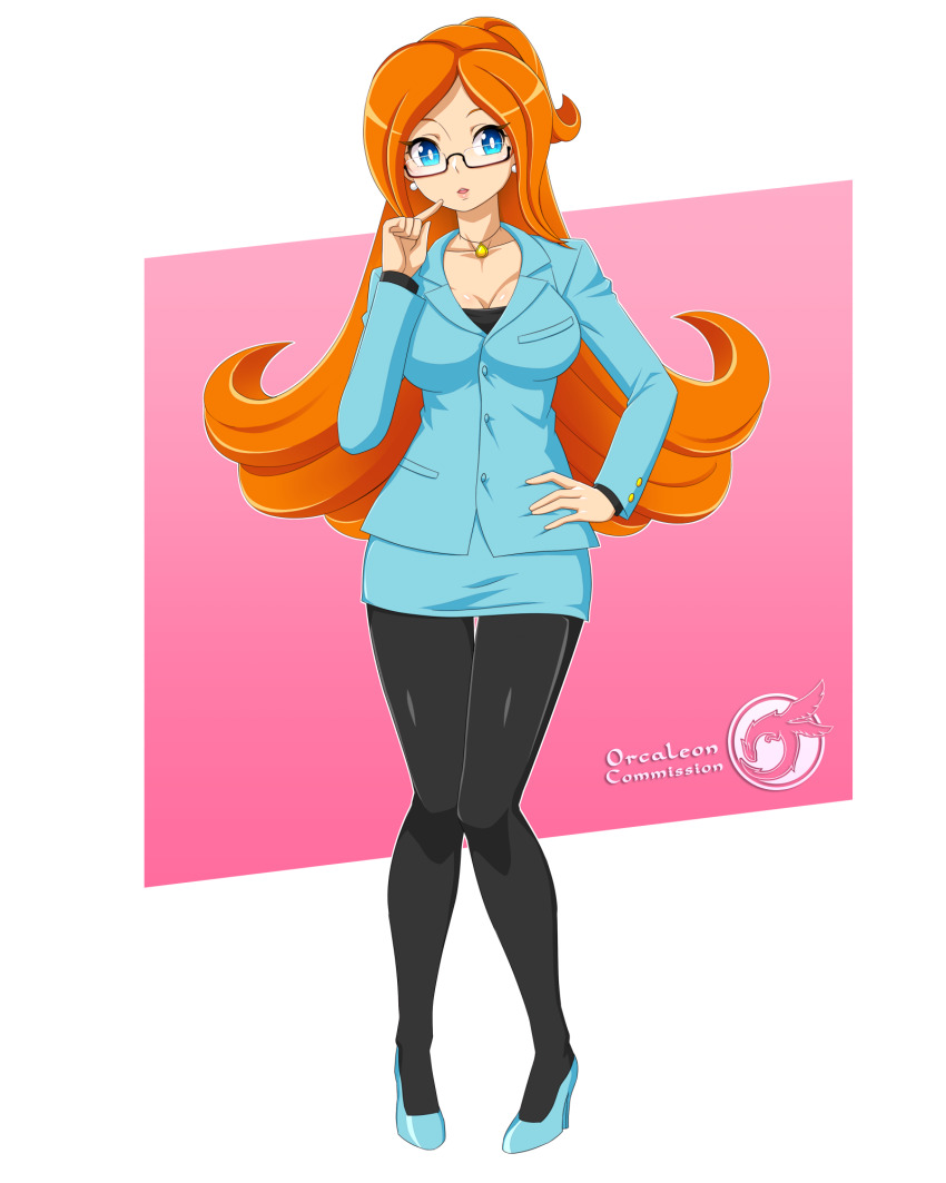 1girl artist_name black_pantyhose blue_eyes blue_footwear blue_jacket blue_skirt breasts cleavage commission earrings formal_clothes glasses hand_on_own_hip high_heels highres jacket jewelry long_hair mona_(warioware) necklace nintendo orange_hair orcaleon pantyhose parted_lips pencil_skirt secretary skirt stud_earrings suit warioware