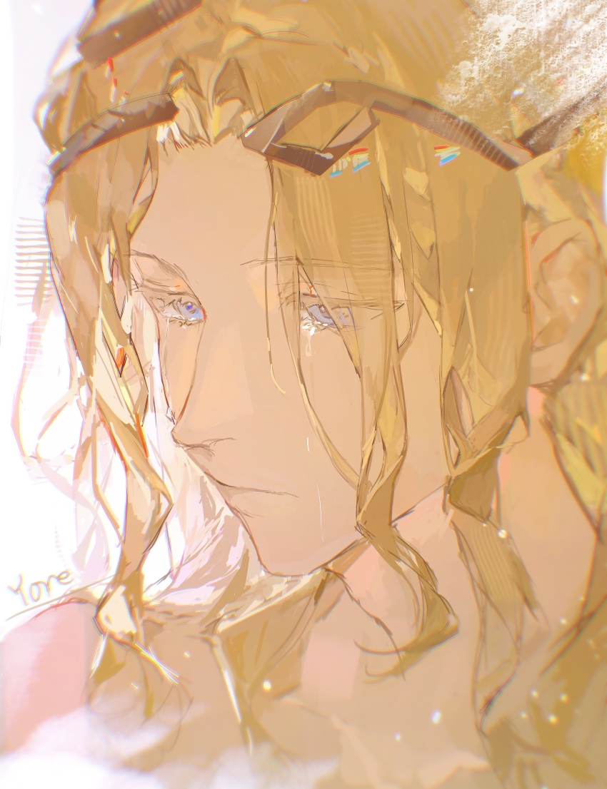 1boy 6_(reverse:1999) absurdres artist_name bare_shoulders blonde_hair blue_eyes circlet closed_mouth crying crying_with_eyes_open highres long_hair looking_at_viewer male_focus portrait reverse:1999 signature solo streaming_tears tears white_background you&#039;er