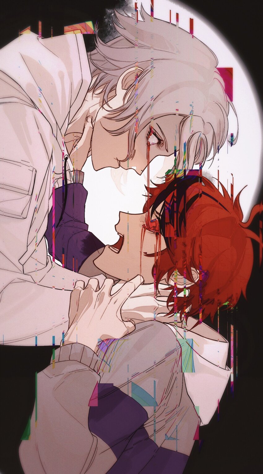 2boys absurdres ahoge aotsuki_eito black_background black_streaks blood blood_on_face bloody_tears blue_eyes blue_jacket eye_contact glitch grey_hair grey_jacket grimace hand_on_another&#039;s_arm highres hood hoodie jacket jacket_over_hoodie looking_at_another male_focus moon multicolored_hair multicolored_jacket multiple_boys open_mouth purple_eyes red_hair screaming short_hair spoilers strangling streaked_hair sumino_takumi the_hundred_line_-last_defense_academy- two-tone_jacket white_hoodie white_jacket xmmmmmm9