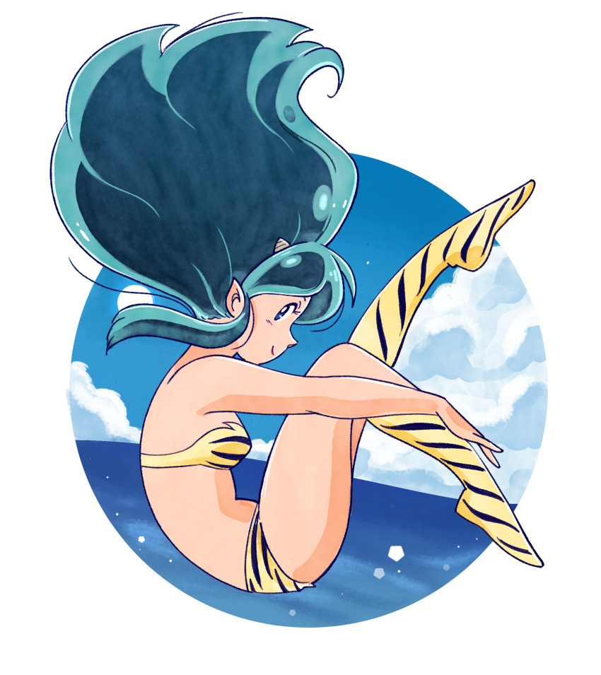 1girl absurdres animal_print aqua_hair bikini border chickorysticks cloud cloudy_sky cone_horns floating from_side highres horns long_hair lum ocean outside_border pointy_ears print_bikini print_footwear profile sidelocks sideways_glance sky solo swimsuit tiger_print urusei_yatsura white_border