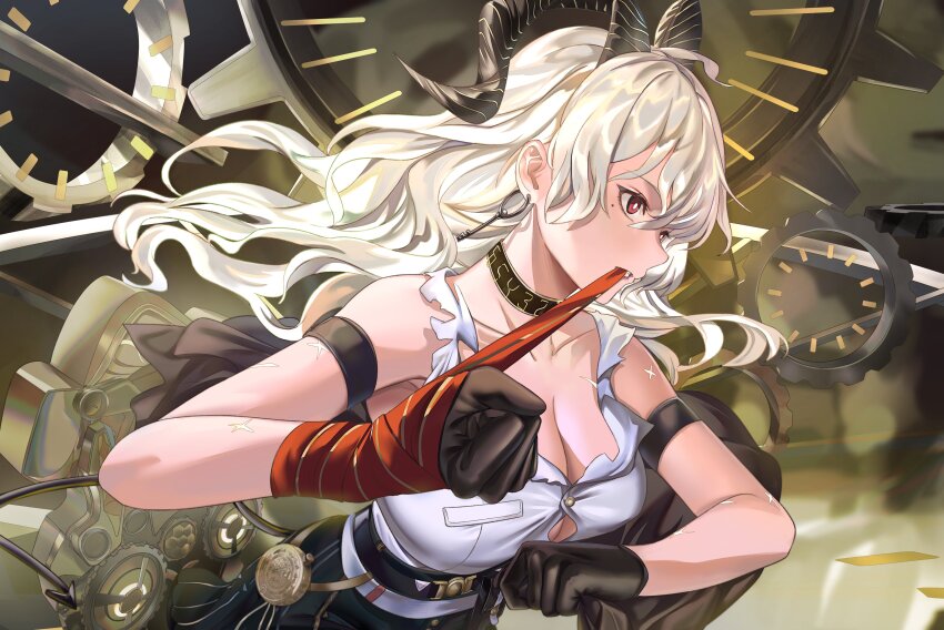 1girl absurdres arm_strap bare_shoulders black_choker black_gloves black_horns black_jacket black_pants black_tail breasts bright_pupils button_gap choker cleavage collarbone commentary_request curled_horns demon_tail earrings gloves grey_hair highres holding holding_jacket holding_unworn_clothes horns jacket jewelry key_earrings large_breasts long_hair looking_afar looking_ahead mole mole_under_eye mosta_(lo1777789) mouth_hold necktie necktie_around_wrists pants red_eyes red_necktie shirt shirt_tucked_in solo tail unworn_jacket white_pupils white_shirt wuthering_waves zani_(wuthering_waves)