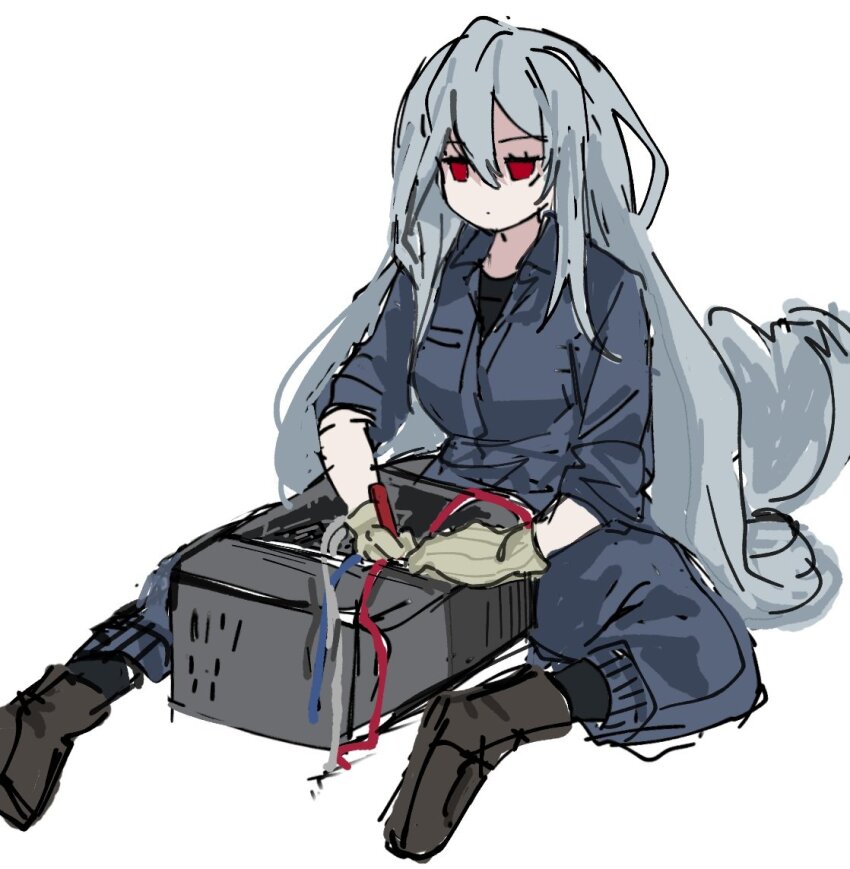 1girl alternate_costume arknights black_shoes black_socks blue_hair blue_jumpsuit closed_mouth commentary desktop_(computing) dot_mouth english_commentary expressionless gloves grey_gloves hair_between_eyes jumpsuit long_hair no_nose red_eyes repairing ribbed_gloves screwdriver shoes simple_background skadi_(arknights) socks solid_eyes solo very_long_hair white_background wire woisatir