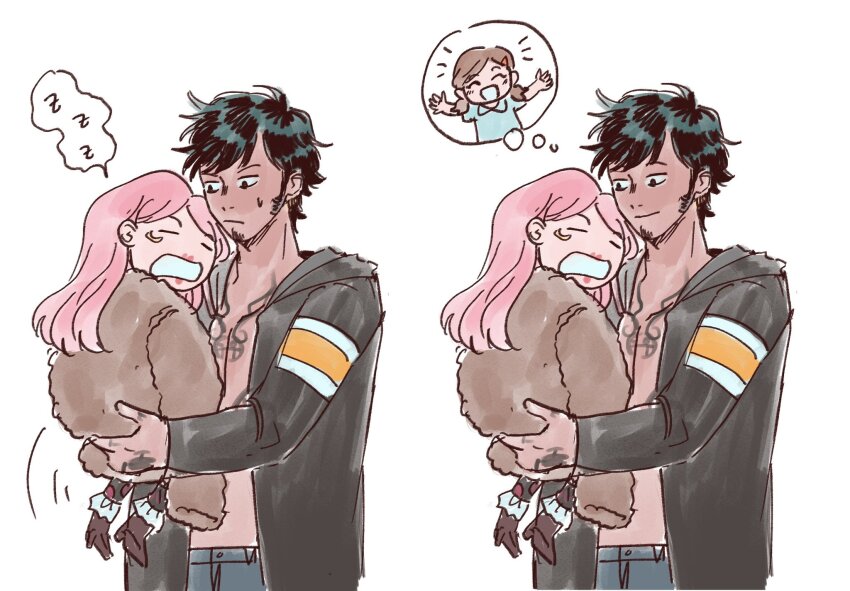 anti-eyebrow_piercing avaxxah black_coat black_hair brown_coat carrying carrying_person closed_eyes coat commentary english_commentary hand_tattoo highres hood hooded_coat jewelry_bonney long_hair notice_lines one_piece pink_hair short_hair sleeping smile speech_bubble sweatdrop tattoo thought_bubble trafalgar_lami trafalgar_law