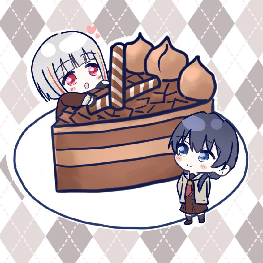 2girls :o argyle_background black_gloves black_socks blue_eyes blue_hair blush bob_cut brown_cardigan brown_dress brown_shoes cake cake_slice cardigan chibi chibi_only chocolate_cake closed_mouth commentary_request diagonal_bangs dollchestra dress food gloves grey_background grey_hair hair_ornament hasu_no_sora_school_uniform heart highres inverted_bob link!_like!_love_live! long_sleeves looking_at_another love_live! low_twintails magu_(cv_mgmgcup) multicolored_hair multiple_girls murano_sayaka neckerchief open_cardigan open_clothes open_mouth outline oversized_food oversized_object red_eyes red_hair red_neckerchief sailor_collar sailor_dress school_uniform shoes short_hair smile socks standing star_(symbol) star_hair_ornament streaked_hair twintails virtual_youtuber wafer_stick white_outline white_sailor_collar winter_uniform yugiri_tsuzuri