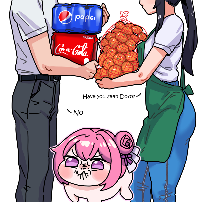 54kmlikeuniform absurdres angry blind_spot_(meme) brand_name_imitation can coca-cola cola creature doro_(nikke) drink_can flower-shaped_hair goddess_of_victory:_nikke hair_bun hair_intakes highres holding holding_can meme pepsi pink_hair product_placement purple_ribbon ribbon shiny_eyes single_side_bun soda soda_can