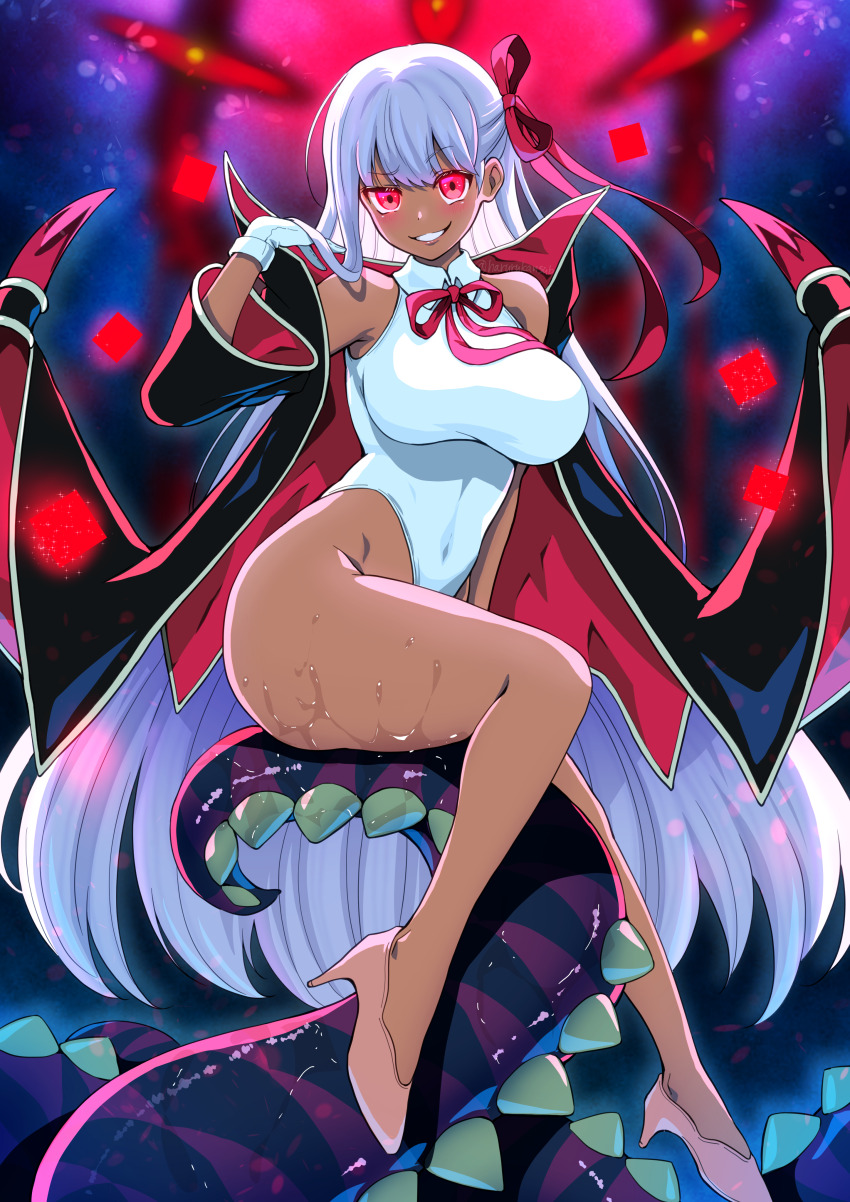 1girl absurdres bare_shoulders bat_wings bb_(fate) bb_(swimsuit_mooncancer)_(fate) bb_(swimsuit_mooncancer)_(third_ascension)_(fate) black_coat blush breasts coat covered_navel dark-skinned_female dark_skin fate/grand_order fate_(series) full_body gloves glowing glowing_eyes grin hair_ribbon harurukan highleg highleg_leotard highres large_breasts leotard long_hair looking_at_viewer neck_ribbon open_clothes open_coat popped_collar purple_hair red_eyes red_ribbon ribbon smile solo tan tentacles thighs very_long_hair white_gloves white_leotard wings