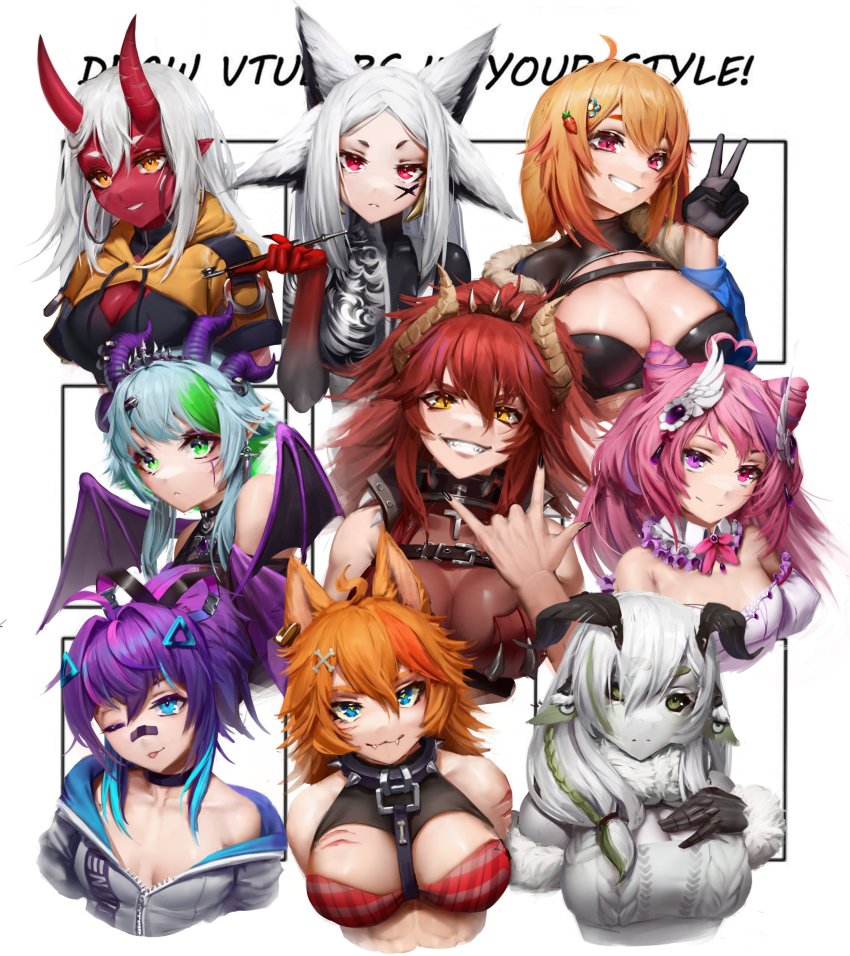 6+girls absurdres akumi_(yoclesh) animal_ears antennae apricot_the_lich apricot_the_lich_(1st_costume) black_gloves black_nails black_sclera blue_eyes blue_hair bonnie_(bunny_gif) breasts buffpup_(vtuber) carrot_hair_ornament cleavage cleavage_cutout clothing_cutout collarbone colored_sclera colored_skin cone_hair_bun dragon_girl dragon_horns dyarikku_(vtuber) earrings fangs followers_favorite_challenge food-themed_hair_ornament fox_ears gloves grey_hair grey_jacket grey_skin grey_sweater hair_bun hair_ornament halterneck head_tilt heterochromia highres holding holding_smoking_pipe hood hooded_jacket hoodie hoop_earrings horns indie_virtual_youtuber ironmouse ironmouse_(fallen_angel) jacket jewelry juniper_actias large_breasts m/ medium_breasts melody_(projektmelody) melody_(projektmelody)_(4th_costume) multiple_drawing_challenge multiple_girls multiple_horns nail_polish numanoan off_shoulder one_eye_closed oni orange_hair parted_lips pink_eyes purple_eyes red_eyes red_skin skin_fangs smile smoking_pipe sweater v virtual_youtuber vshojo vyugen white_hair wings yellow_eyes yellow_hoodie zentreya zentreya_(dragon)