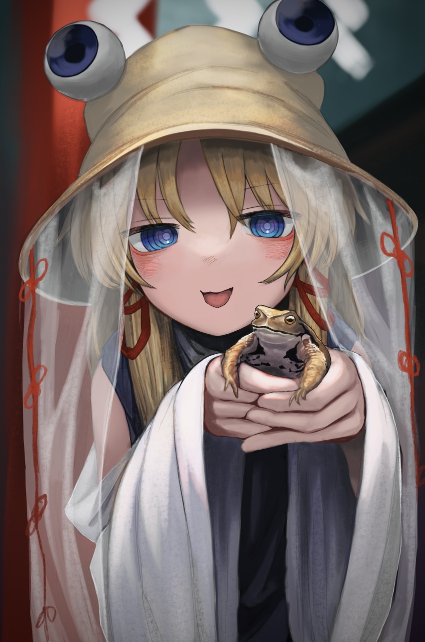 1girl absurdres blonde_hair blue_eyes blurry blurry_background blush brown_headwear commentary_request frog highres long_sleeves moriya_suwako neritch ringed_eyes touhou upper_body veil wide_sleeves