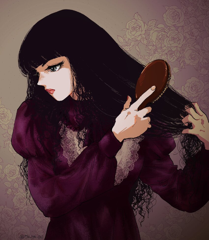 1girl black_hair brushing_hair dress floral_background grey_eyes hair_brush highres lace lace_trim lipstick long_eyelashes long_hair long_sleeves looking_to_the_side makeup nail_polish ohiya_ft1 oniisama_e... puffy_sleeves purple_dress red_lips red_nails shinobu_mariko simple_background solo wavy_hair