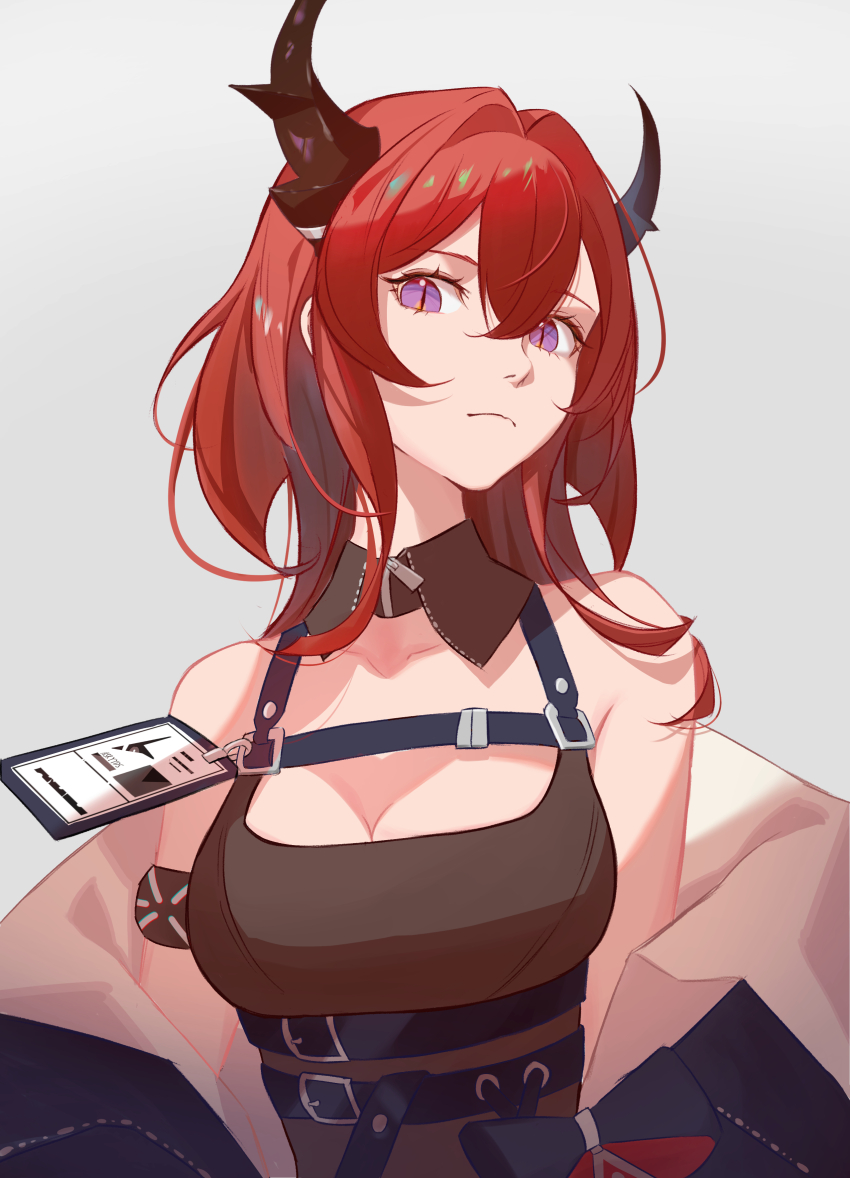1girl absurdres arknights bare_shoulders belt black_belt black_collar black_jacket breasts chest_strap cleavage closed_mouth collar commentary demon_girl demon_horns detached_collar grey_background hair_between_eyes hair_intakes highres horns id_card jacket jacket_partially_removed looking_at_viewer medium_breasts medium_hair purple_eyes red_hair shirt simple_background sleeveless sleeveless_shirt slit_pupils solo surtr_(arknights) upper_body wesly2300