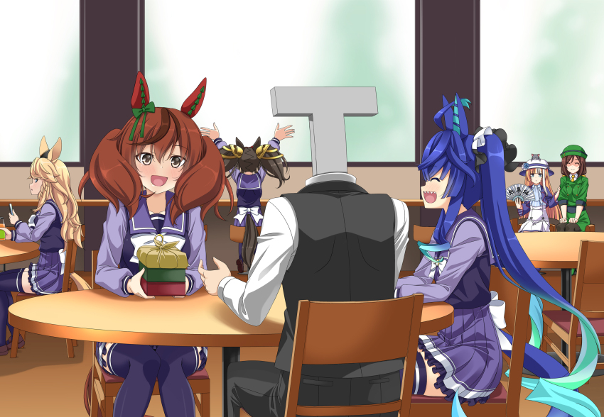 1boy 6+girls :d ahoge akikawa_yayoi_(umamusume) animal animal_ears animal_on_head aqua_hair arms_up black_hat black_pants black_vest blonde_hair blue_hair bow bowtie brown_hair cat cat_on_head chair closed_eyes commentary_request crossed_bangs drink ear_covers gold_city_(umamusume) grabbing_another&#039;s_arm green_hat green_jacket grey_eyes hair_bow hair_ornament hand_fan hat hayakawa_tazuna highres holding holding_drink holding_fan horse_ears horse_girl horse_tail indoors jacket long_hair long_sleeves marvelous_sunday_(umamusume) multicolored_hair multiple_girls nice_nature_(umamusume) on_chair on_head open_mouth pants pleated_skirt purple_sailor_collar purple_shirt purple_skirt purple_thighhighs rappa_(rappaya) red_hair sailor_collar school_uniform sharp_teeth shirt sidelocks sitting skirt slice_of_life smile streaked_hair t-head_trainer_(umamusume) table tail teeth thighhighs tracen_school_uniform trainer_(umamusume) twin_turbo_(umamusume) twintails two-tone_hair umamusume very_long_hair vest white_bow white_bowtie white_shirt