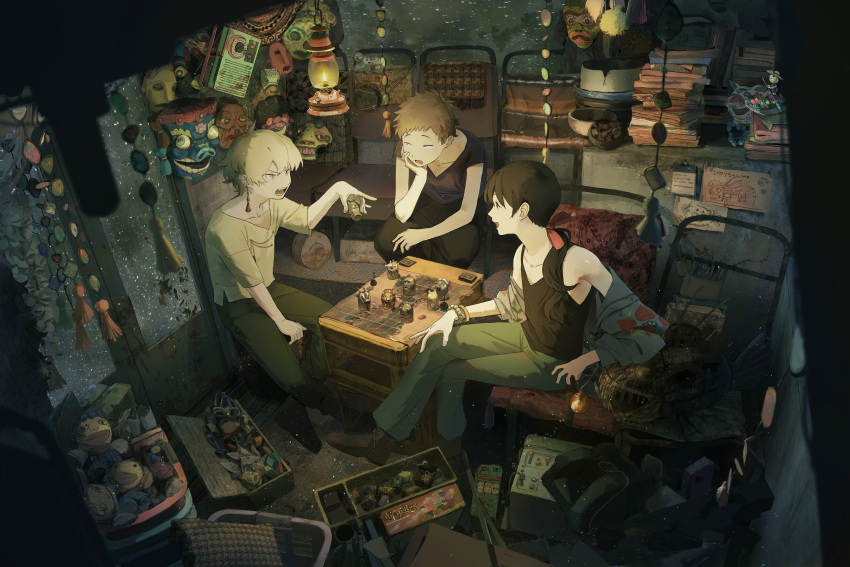 3boys absurdly_detailed_composition absurdres arm_support bare_shoulders bead_bracelet beads black_footwear black_hair black_pants black_shirt blonde_hair blue_pants blurry book book_stack box bracelet brown_hair chair chakotata chess_piece commentary_request crossed_legs depth_of_field doll door earrings fish folding_chair furrowed_brow green_pants grey_jacket hair_over_shoulder hand_on_own_cheek hand_on_own_face hand_up head_rest highres indoors jacket jewelry light_particles loaded_interior long_hair long_sleeves low_ponytail male_focus map mask multiple_boys non-humanoid_robot off_shoulder open_clothes open_jacket open_mouth original outstretched_arm pants playing_games ponytail profile purple_shirt rain red_ribbon ribbon robot robot_animal shirt shoes short_hair short_sleeves sitting slice_of_life smile stool table unworn_mask v-neck wooden_floor yellow_shirt
