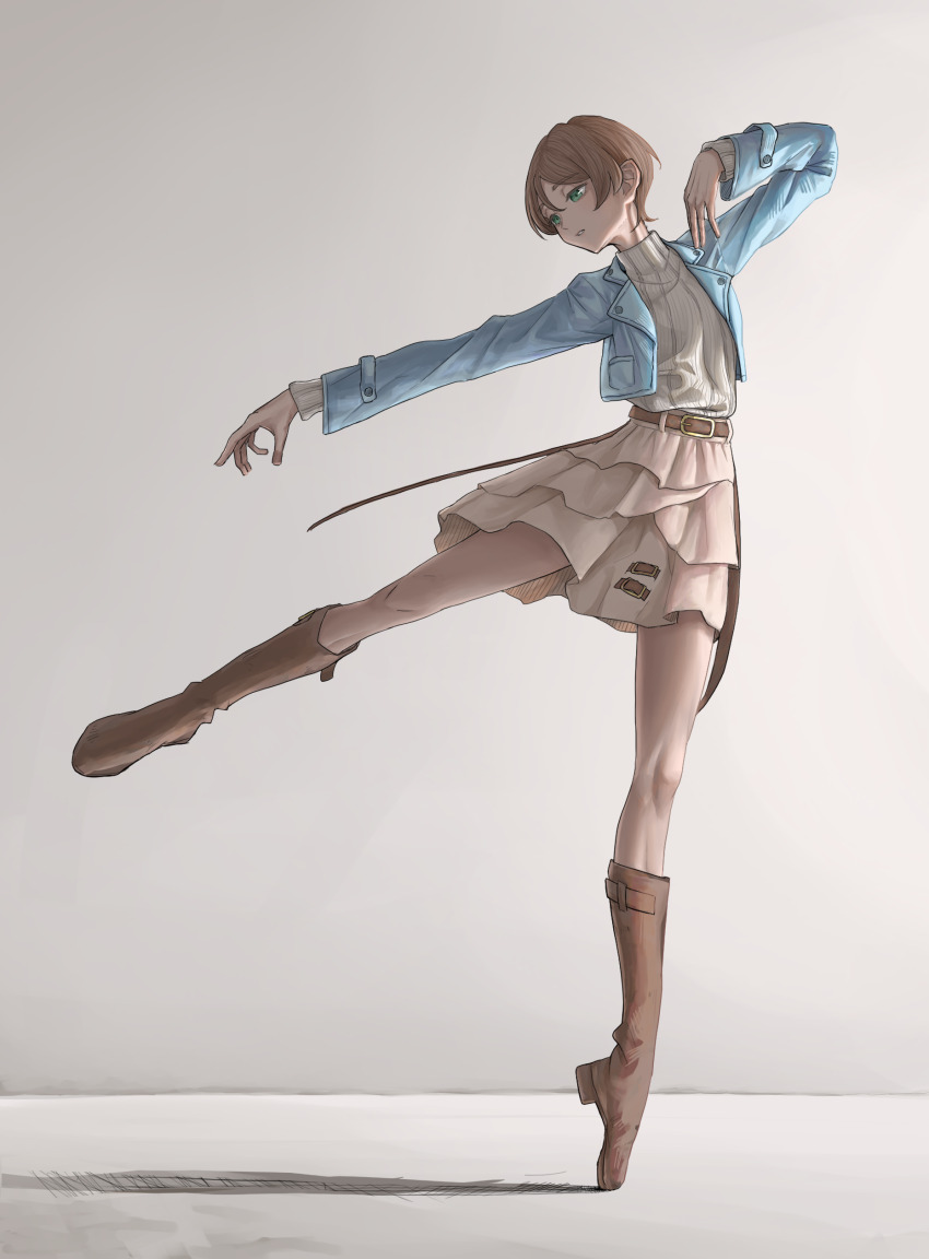 1girl absurdres and_fersent arms_up ballet blue_jacket boots brown_boots brown_hair commentary en_pointe frilled_skirt frills full_body green_eyes harumiya_yukuri highres ikizulive!_love_live!_bluebird jacket knee_boots layered_sleeves leg_up long_hair long_sleeves love_live! miniskirt open_clothes open_jacket outstretched_arm parted_lips shadow shirt short_hair skirt solo sweater t-shirt white_skirt white_sweater