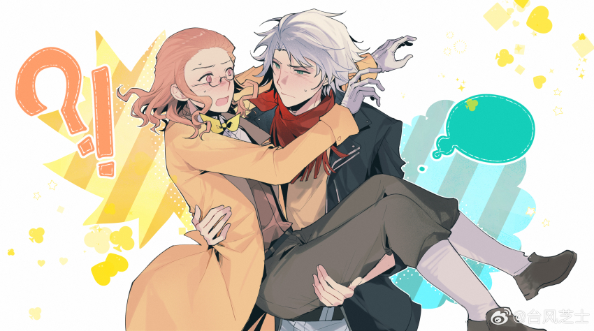 !? 2boys absurdres bandana black_jacket blue_eyes blush brown_hair brown_shoes carrying classicaloid closed_mouth coat franz_schubert_(classicaloid) glasses gloves grey_gloves highres jacket long_sleeves ludwig_van_beethoven_(classicaloid) male_focus multiple_boys open_mouth orange_coat orange_shirt pink_eyes princess_carry red_bandana shirt shoes short_hair socks white_background white_hair white_socks yaoi zairejihouwomenzaihui