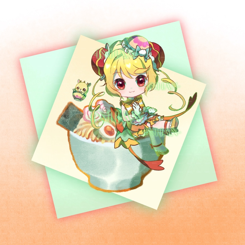 1girl :3 absurdres ankle_bow ankle_ribbon apron artist_name back_bow blonde_hair bow bowl bowtie bun_cover chibi closed_mouth cure_yum-yum deer delicious_party_precure dot_nose double_bun drill_hair food food-themed_hat frilled_apron frilled_footwear frilled_skirt frills gradient_background hair_bun hanamichi_ran hand_on_own_chest happy high_heels highres inhan large_bow light_blush long_hair mem-mem_(precure) miniskirt noodles on_food orange_background orange_skirt outline outstretched_leg pleated_skirt precure pumps ramen red_eyes red_outline ribbon shirt shoes single_stripe sitting skirt sleeveless sleeveless_shirt smile square striped_bow striped_bowtie striped_clothes swept_bangs tareme twin_drills very_long_hair waist_apron wallet watermark white_background yellow_apron yellow_bow yellow_bowtie yellow_shirt yellow_shoes
