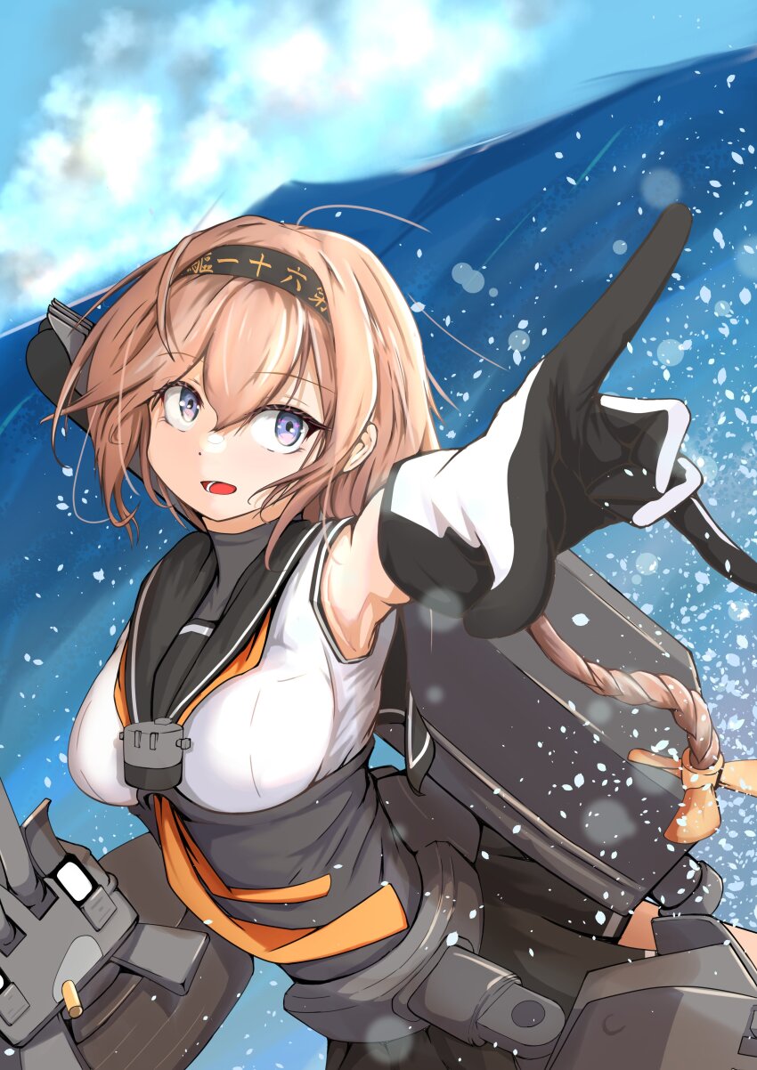 1girl absurdres black_headband black_sailor_collar blue_sky braid chou-10cm-hou-chan chou-10cm-hou-chan_(teruzuki&#039;s) clothes_writing cloud day gloves grey_eyes hair_ornament headband highres kantai_collection machinery neckerchief orange_neckerchief outdoors pointing propeller_hair_ornament sailor_collar school_uniform serafuku sky solo tastas teruzuki_(kancolle) twin_braids two-tone_gloves upper_body water