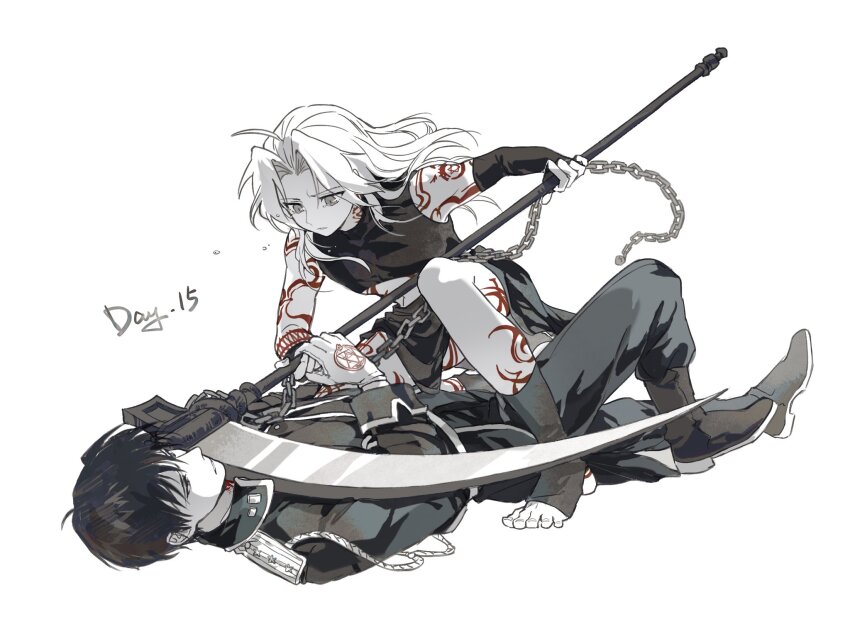 ahoge arm_markings black_boots black_gloves black_hair black_shirt boots chain crop_top edward_elric elbow_gloves fingerless_gloves full_body fullmetal_alchemist furrowed_brow gloves hair_between_eyes highres holding holding_hands holding_scythe jacket long_hair looking_at_another military_jacket military_uniform parted_bangs roy_mustang scythe shirt short_hair spot_color white_background white_gloves xue_ezi