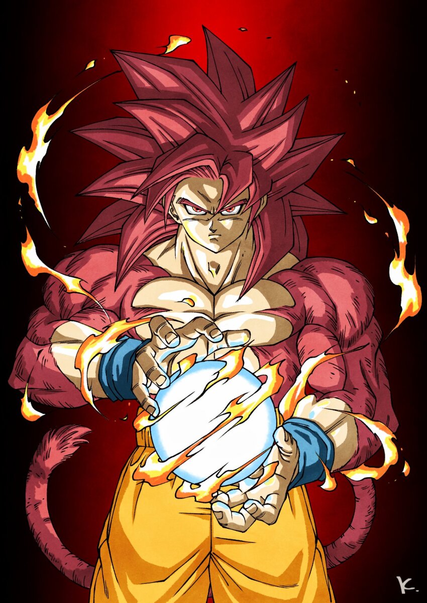1boy aura body_fur cowboy_shot dragon_ball dragon_ball_daima gradient_background highres kakeru_(dbskakeru) long_hair male_focus missing_commentary muscular muscular_male orange_pants pants red_background red_eyes red_fur red_hair red_tail solo son_goku spiked_hair super_saiyan super_saiyan_4 topless_male