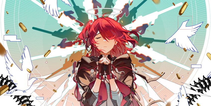 1girl absurdres ahoge arknights bird black_gloves black_jacket bullet closed_eyes closed_mouth cross cross_earrings dot_nose earrings energy_wings expressionless exusiai_(arknights) exusiai_the_new_covenant_(arknights) facing_viewer fingerless_gloves gloves hair_over_one_eye halo highres interlocked_fingers jacket jewelry long_bangs medium_hair one_side_up own_hands_clasped own_hands_together praying red_hair shirt solo straight-on three-quarter_sleeves traditional_halo upper_body white_bird white_halo white_shirt white_wings wide_sleeves wings ylceon