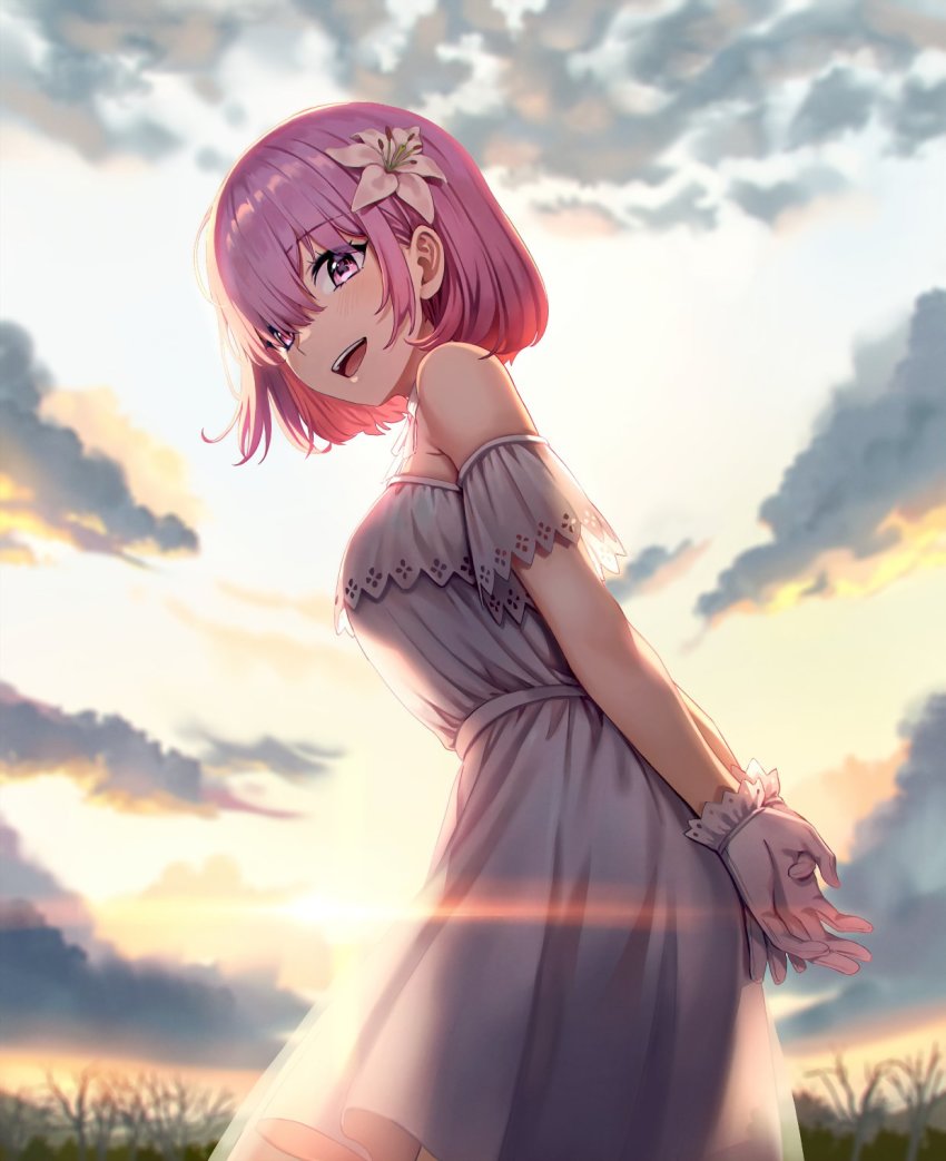 1girl bare_shoulders dress fate/grand_order fate_(series) flower gloves hair_flower hair_ornament highres looking_at_viewer looking_back mash_kyrielight mash_kyrielight_(formal_dress) off-shoulder_dress off_shoulder official_alternate_costume open_mouth outdoors pink_hair popuru purple_eyes short_hair sky smile solo white_dress white_gloves