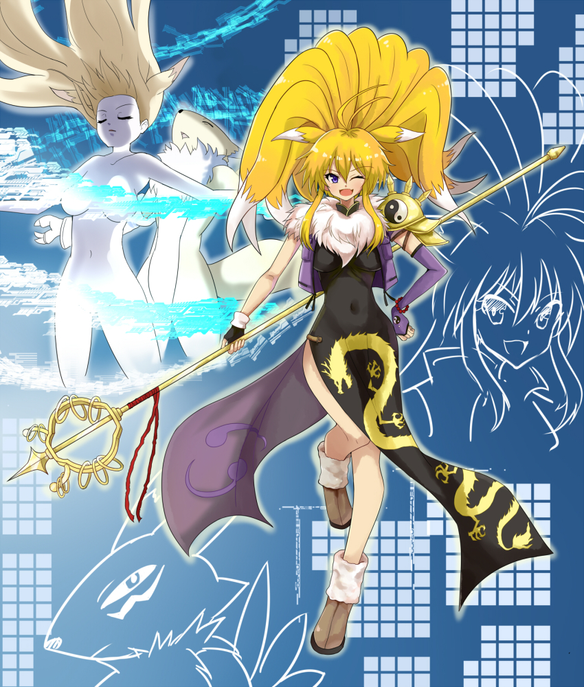 2girls biomerge blonde_hair breasts completely_nude convenient_censoring digimon digimon_(creature) digimon_tamers energy floating_hair fusion highres long_hair looking_at_viewer matrix_evolution multiple_girls namco_x_capcom nude one_eye_closed renamon sakuyamon tight_clothes transformation wink xiaomu yin_yang