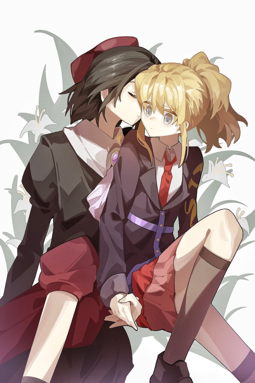 1boy 1girl absurdres ascot beret black_coat black_hair black_socks blonde_hair closed_eyes closed_mouth coat collared_shirt colored_eyelashes expressionless flower grass grey_eyes hair_between_eyes haobuguniao hat hetero highres holding_hands juliet_sleeves kanon_(umineko) kiss kissing_cheek loafers long_sleeves medium_hair necktie on_grass pants ponytail print_coat print_collar puffy_sleeves purple_ascot red_hat red_necktie red_pants red_skirt shirt shoes short_hair sidelocks sitting skirt socks umineko_no_naku_koro_ni ushiromiya_jessica white_flower white_shirt wing_print