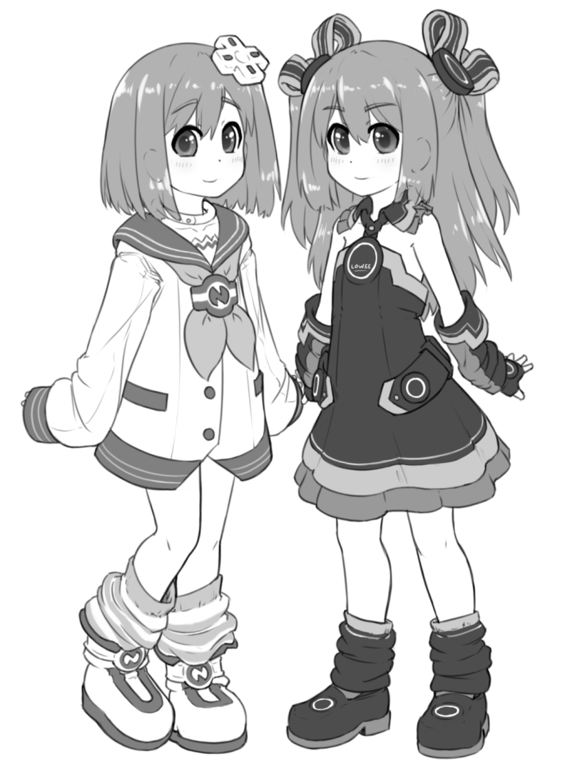 2girls alloyrabbit alternate_hairstyle arms_behind_back bare_shoulders black_dress blush choker commentary cosplay d-pad d-pad_hair_ornament dress english_commentary fingerless_gloves full_body gloves hair_between_eyes hair_ornament hair_ribbon highres legs_apart long_hair looking_at_viewer medium_hair multiple_girls neckerchief nepgear nepgear_(cosplay) neptune_(series) oversized_clothes ram_(neptunia) ribbon rom_(neptunia) sailor_collar sailor_dress siblings sisters smile standing thighhighs_pull twins two_side_up uni_(neptunia) uni_(neptunia)_(cosplay) very_long_sleeves white_choker
