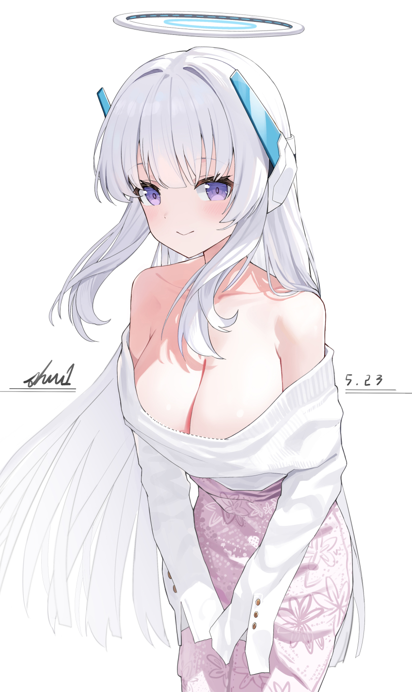 1girl absurdres alternate_costume artist_name bare_shoulders blue_archive blunt_bangs breasts cleavage collarbone cowboy_shot dated floating_hair floral_print floral_print_skirt halo headgear highres large_breasts light_blush long_hair looking_at_viewer luo_shu mechanical_halo noa_(blue_archive) off-shoulder_shirt off_shoulder pencil photo-referenced pink_skirt print_skirt purple_eyes shirt sidelocks simple_background skirt smile solo standing v_arms very_long_hair white_background white_hair white_shirt
